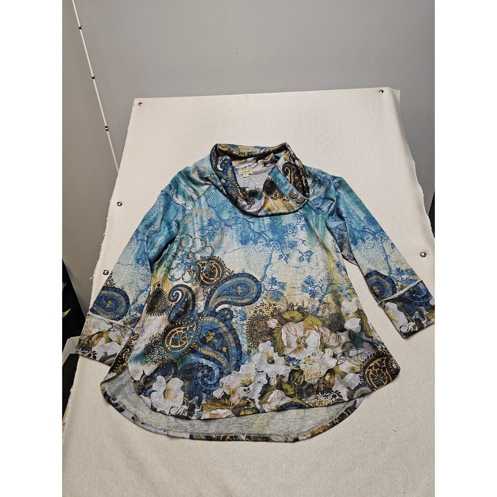 One World Live and Let Live Blue Paisley Floral Cowl Neck Tunic Top 3X